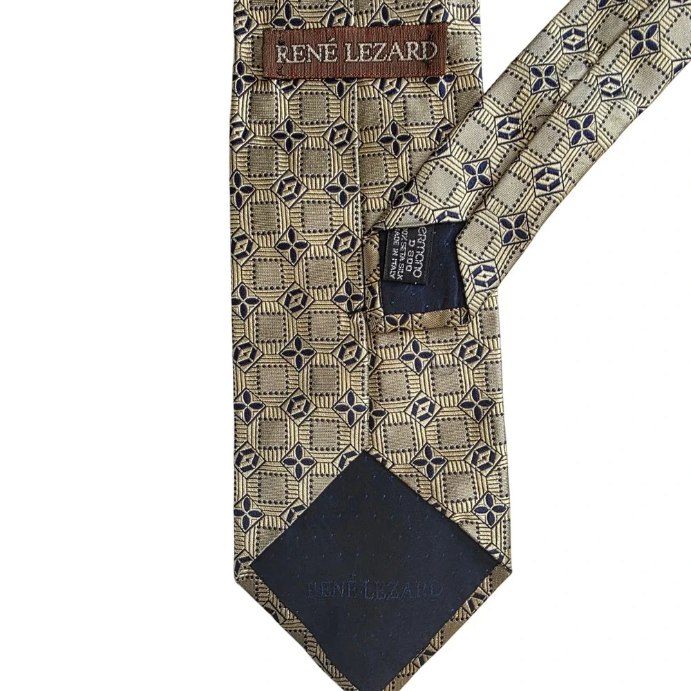 Rene Lezard Mens Silk Geometric‎ Pattern Neck Tie Gold Navy